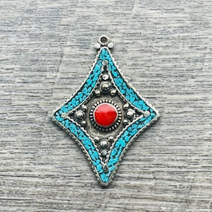Tibetan Pendant: Boho Style Turquoise and Coral Inlays, Ethnic Nepal Tribal Pendant, (1.5X 2.15&quot;), Traditional Pendants,