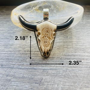 Long Horn Bull Head With Tibetan Silver Pendant, Buffalo Bone Curved, Southwestern Style Pendant..TSP