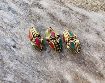 3 Nepal Brass Beads: Turquoise Coral Inlay, Handmade Tribal Beads (30x14mm)