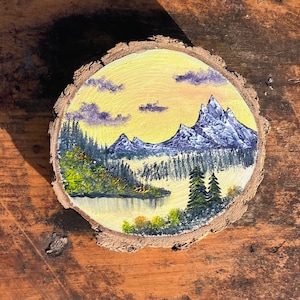 Mini Sunset Pintura al óleo sobre rodaja de madera 3 &quot;x3&quot;