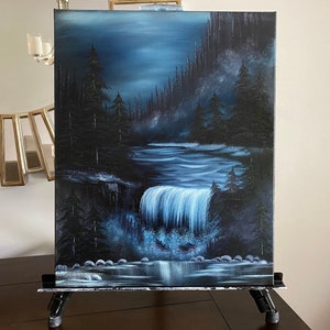 Midnight at the Falls: Bob Ross Inspired Oil Painting 20&quot;x16&quot;
