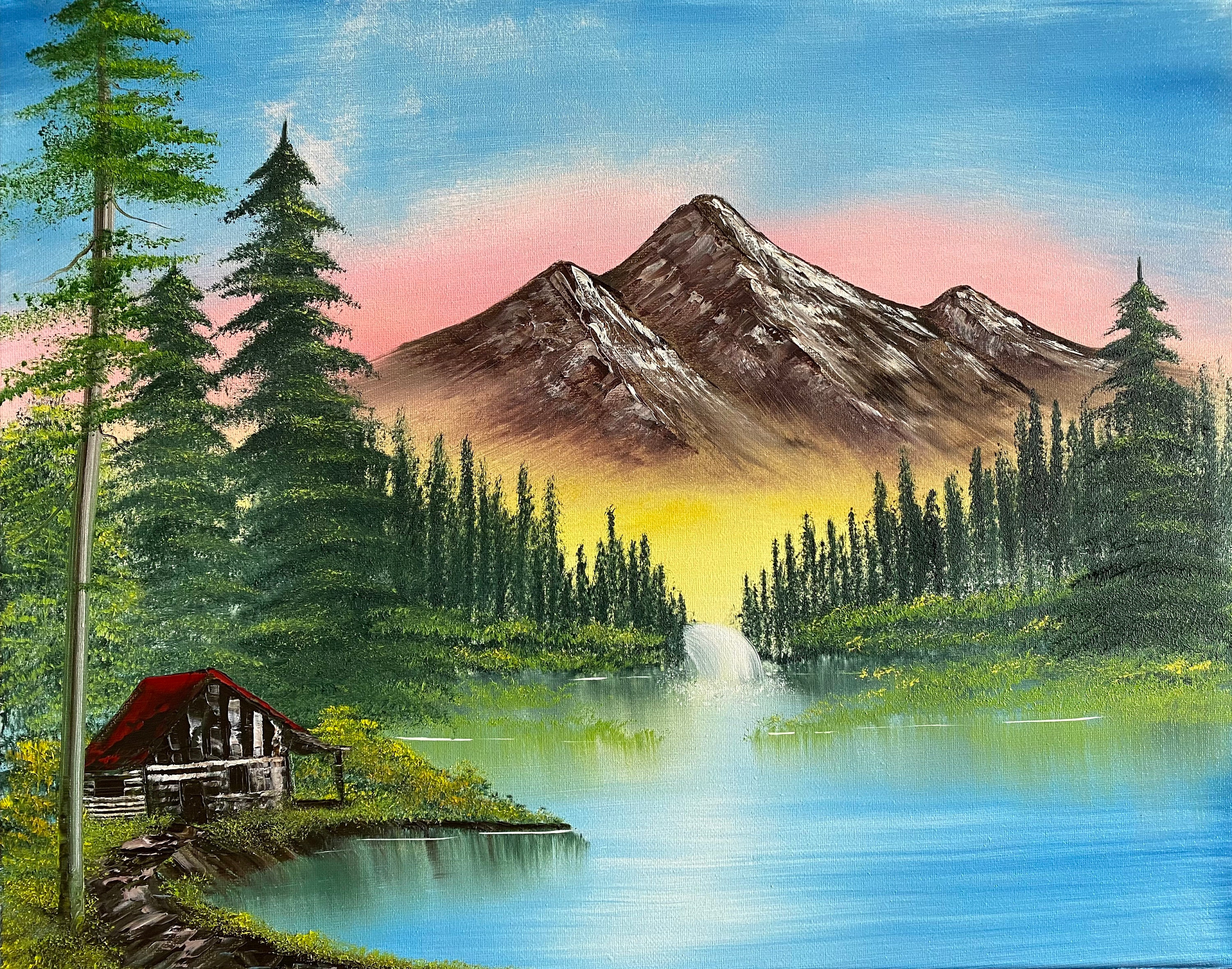 Mountain Retreat Bob Ross Style Oil Painting 16
