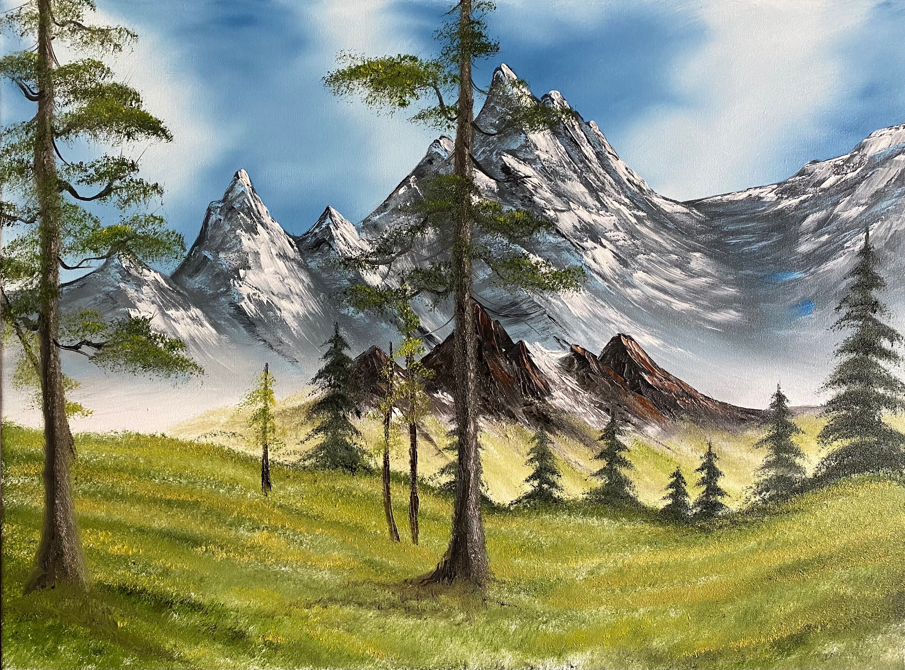 Original Surreal Winter Forest Lake Landscape Painting Bob Ross Inspired  Folk Art 