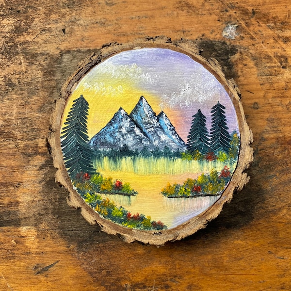 Mini Oil Painting on Wood Slice 3"x3"