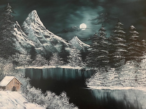 Bob Ross Inspired Oil Painting: Midnight Snow 16x20