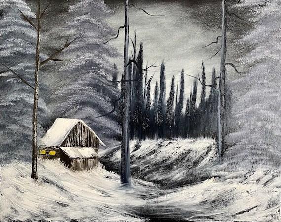 A Peaceful Winter Night Bob Ross Style Oil Painting 16