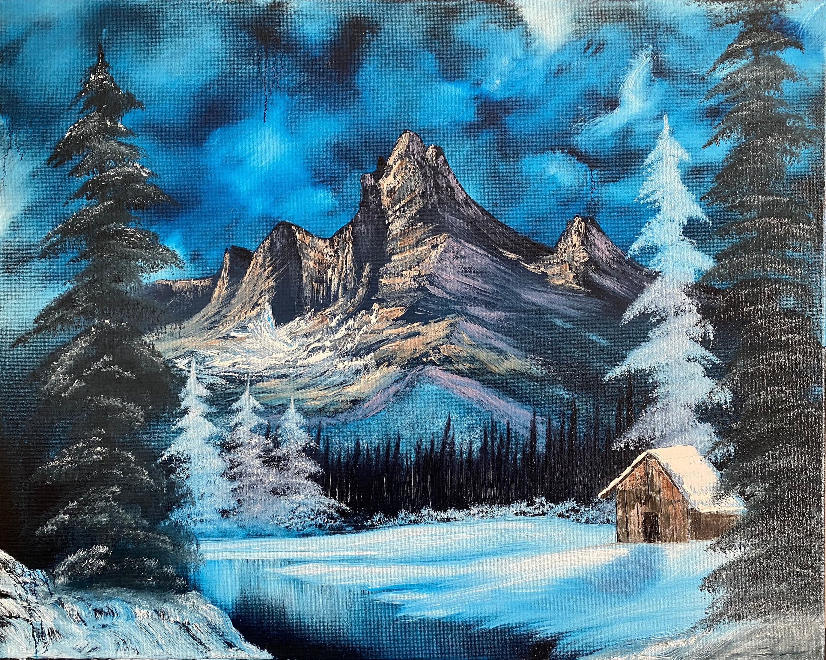 Towering Peaks at Sunset Bob Ross Oil Painting Replica