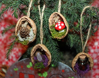 Set of Mushroom Ornaments, Walnut Ornaments, Crystal Ornament, nature lover, Gift, Eco Friendly, Enchanted Forrest