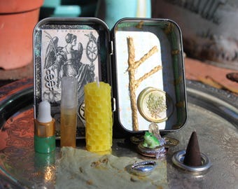 Pocket Altar, Tin of Abundance, Success, and Money. Mixed media