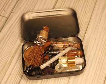 Swamp Witch Travel Altar, Witch Box, Witch Kit, Travel Tin, Pocket Altar, candles, money, florida oil, crystals, hotfoot powder, war water