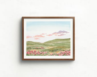 Lámina de paisaje en acuarela - “Prado de primavera” - Arte de colinas con flores silvestres rosas, prado con cielo pastel, decoración de pared estilo cottagecore, lámina de bellas artes de la naturaleza