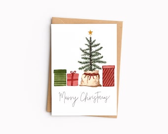 Kerstkaart in aquarel - Cadeautjes onder de boom - Blanco binnenkant met envelop