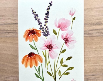 May include: A watercolor painting on white paper featuring a floral arrangement with two orange coneflowers, a sprig of purple lavender, and three light pink blossoms with green stems and leaves. A small pink signature is visible in the bottom right.