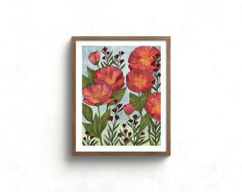 Papavers aquarel Fine Art Print – 8 x 10 bloemen illustratie, rode klaprozen bloemen schilderij muur decor