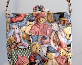 Bolso bandolera o bandolera acolchado con osito de peluche vintage reciclado, correa ajustable, monedero retro