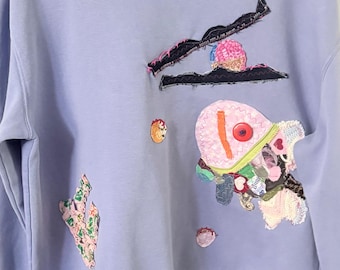 Upcycled Patchwork Sweatshirt Ocean Scene – Hand Appliqué Fish Coral Starfish Crewneck Oversized Pullover