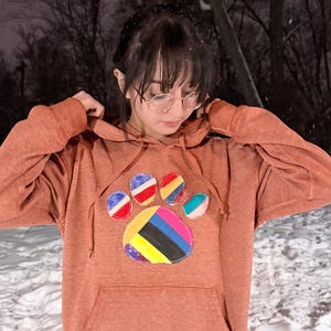 Upcycled Patchwork Dog and paw Apliqué Hoodie, Soft Rust Color Sweatshirt,• Dog Lover, ONE-OF-A-KIND