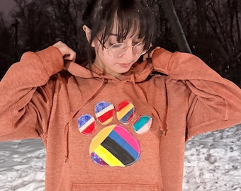 Upcycled Patchwork Dog and paw Apliqué Hoodie, Soft Rust Color Sweatshirt,• Dog Lover, ONE-OF-A-KIND