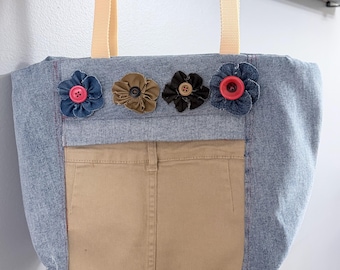 Upcycled Denim Tote Bag| Handmade with zippered closure | Flower appliqués | ONE-OF-A-KIND