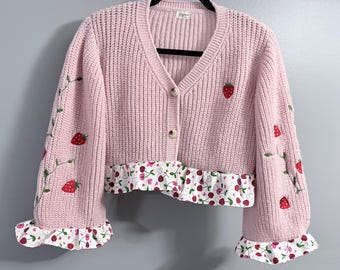 Upcycled Strawberry Cardigan | Cottagecore Cropped Knit with Cherry Ruffles | Sustainable Handmade Sweater