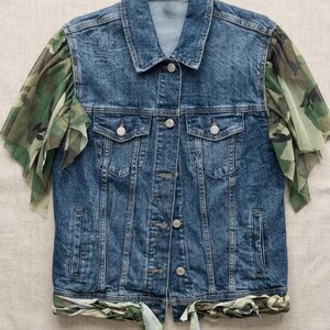Puede incluir: Una chaqueta de mezclilla azul con cuello cl&aacute;sico, cierre frontal de botones met&aacute;licos y dos bolsillos en el pecho. La prenda incluye mangas de tela transparente con volantes y estampado de camuflaje, adem&aacute;s de un borde a juego en el dobladillo.