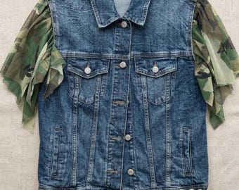 Upcycled Denim Camo Vest – Reworked Y2K Jean Jacket Grunge Festival Gorpcore Alt Medium