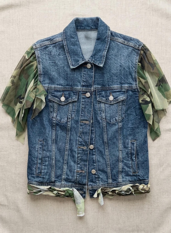 Upcycled Denim Camo Vest – Reworked Y2K Jean Jacket Grunge Festival Gorpcore Alt Medium