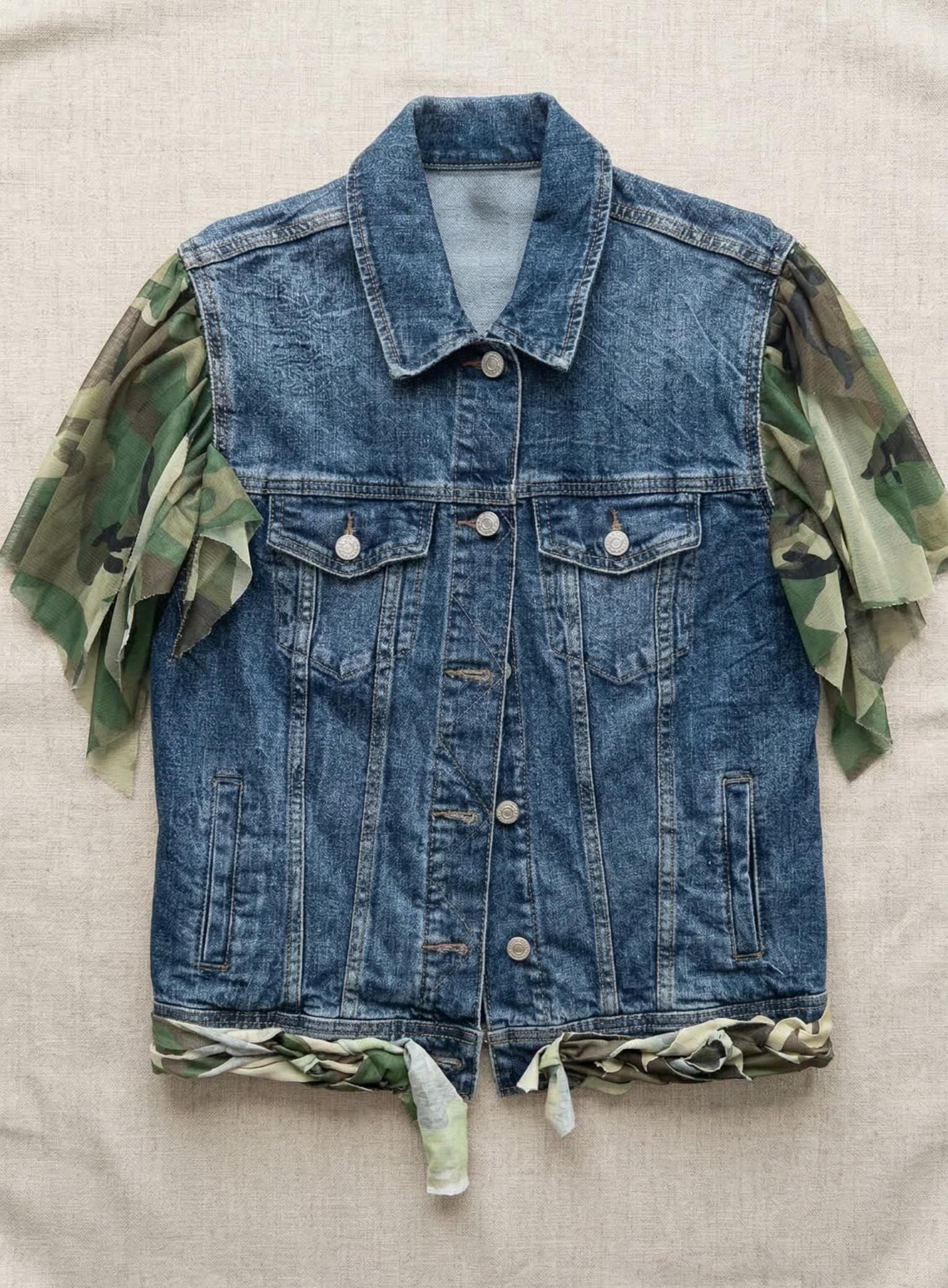 Upcycled Denim Camo Vest - Reworked Y2K Jean Jacket Grunge Festival Gorpcore Alt Medium