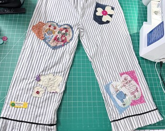 Upcycled Patchwork Pinstripe Pants XL – Handmade Cottagecore Appliqué Ruffle Hem Kidcore Grandmacore Boho Cropped