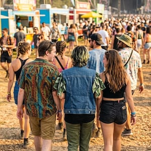 Puede incluir: Un chaleco de mezclilla azul con mangas con volantes en un patr&oacute;n de camuflaje verde y marr&oacute;n. El chaleco se usa sobre una camiseta negra y se combina con pantalones verde oliva, en un entorno de festival al aire libre con puestos de comida.