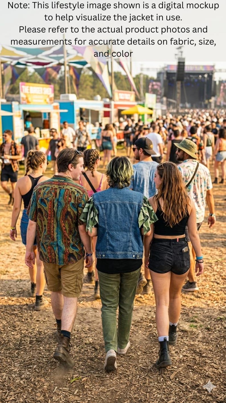Puede incluir: Un chaleco de mezclilla azul con mangas con volantes en un patr&oacute;n de camuflaje verde y marr&oacute;n. El chaleco se usa sobre una camiseta negra y se combina con pantalones verde oliva, en un entorno de festival al aire libre con puestos de comida.