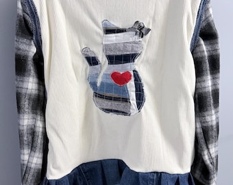 Upcycled Cat Patchwork Jacket, Boho Corduroy Cardigan, Sherpa-Lined Flannel, Denim Ruffle Back, Cottagecore ONE-OF-A-KIND