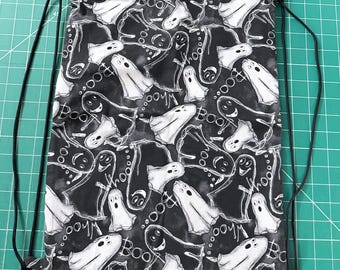 Mochila con cordón y estampado de fantasmas – Bolsa de Halloween con cordón, de algodón reciclado, ideal para pedir dulces o truco.