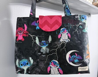 Bolso tote azul de Halloween con estampado de alienígena – Bolso de hombro reciclado con estampado de dibujos animados espeluznantes
