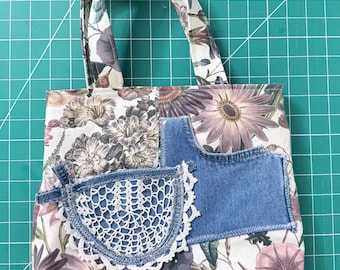 Upcycled Floral Purse with Denim Pockets, Handmade Lace Patchwork Boho Hand Bag, ONE-OF-A-KIND