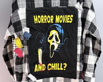 Horror Movie Flannel Shirt Upcycled Graphic Tee Patchwork Slasher Fan Spooky Grunge Plaid Top