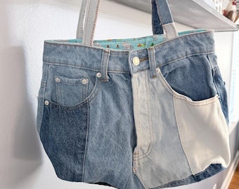 Upcycled Patchwork Denim Bag | Raw-Edge Strap Tote | Reworked Jeans Shoulder Bag | Unique Eco-Friendly Carryall