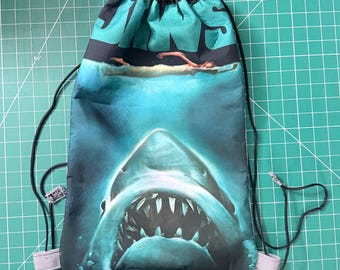 Shark Horror Graphic Drawstring Bag – Upcycled Denim Backpack Vintage Movie Fan Gift