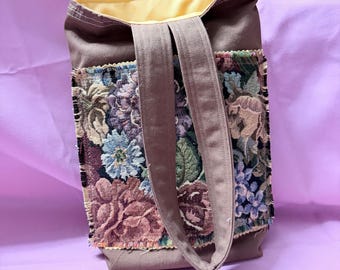 Upcycled Japanese Knot Bag with Floral Tapestry Patch | Eco-Friendly Boho Tote - ONE OF A KIND