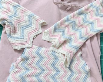 Upcycled Hoodie with Pastel Chevron Crochet Sleeves & Pocket, Cozy Patchwork Knit Blanket Hoodie ONE-OF-A-KIND