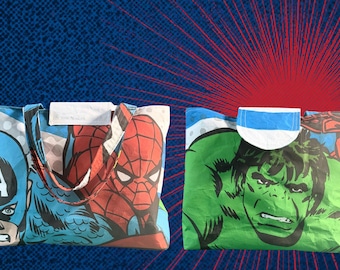 Comic Book Tote Bag – Upcycled Superhero Fabric Shoulder Purse, Structured Crinkle Texture, Geeky Gift