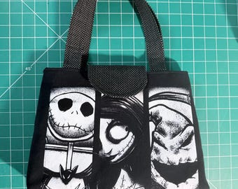 Skeleton Tote Bag – Upcycled Gothic Holiday Purse Spooky Christmas Handbag Halloween Gift