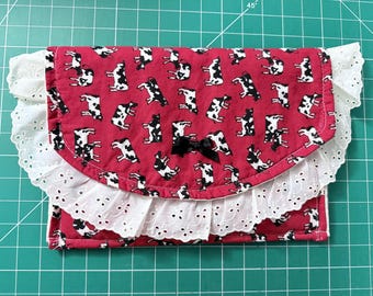 Cow Print Envelope Clutch – Upcycled Farmcore Cottagecore Handmade Bag Eyelet Ruffle