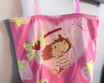Upcycled Strawberry Character Print Terry Cloth Beach Swimming Tote Bag – Retro Summer Carry-All