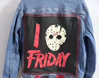 Upcycled Friday the 13th Denim Jacket - Jason Mask Horror Slasher Style – Distressed Grunge - Unisex M