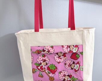 Retro Strawberry Character Print Canvas Tote Shoulder Bag – Upcycled Floral Lined Nostalgic Y2K Cottagecore