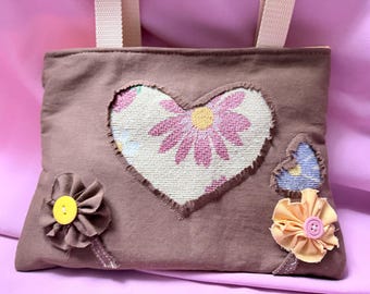 Upcycled Tote Bag with Heart Patchwork and Button Flowers | Eco-Friendly Handmade ONE-OF-A-KIND Gift