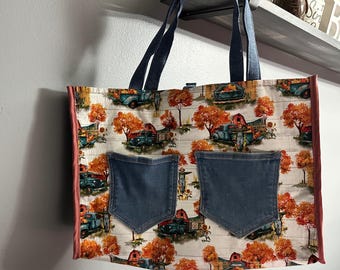 Upcycled Fall Harvest Tote Bag | Autumn Pumpkin Print | Handmade Shoulder Bag