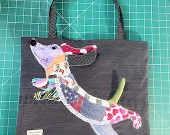 Dachshund Tote Bag – Upcycled Black Denim Shoulder Purse Patchwork Wiener Dog Doxie Lover Handmade