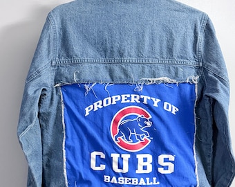 Upcycled Chicago Cubs Denim Jacket Unisex Size Small but Roomy| Handmade Reworked ONE-OF-A-KIND